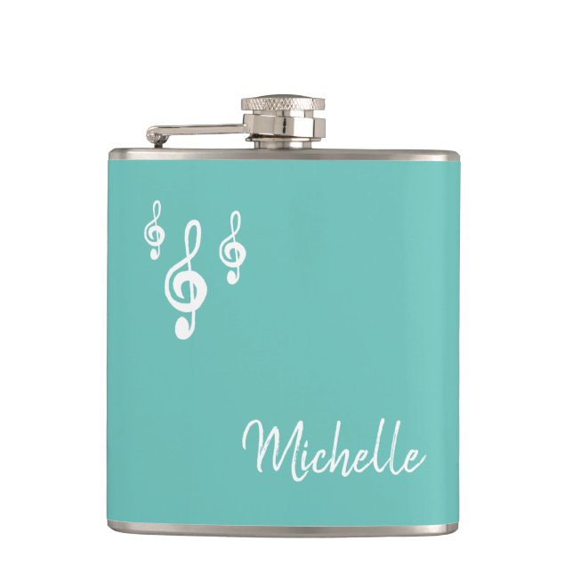 Musical Treble Clef Typography Trendy Teal Green Hip Flask (Front)