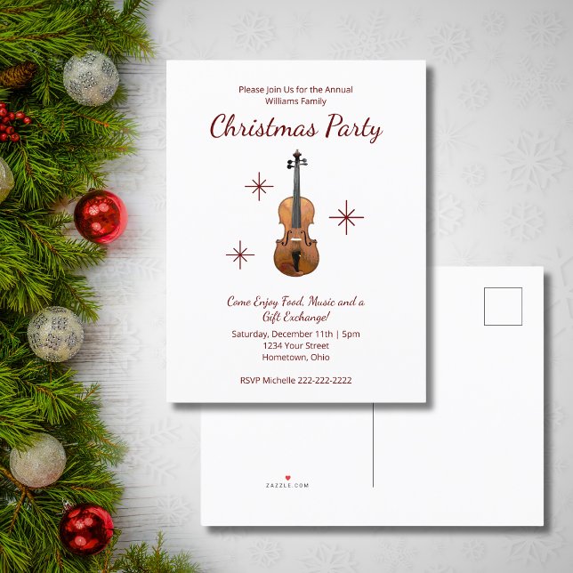 Musical Violin Classical Music Christmas Party Invitation Postcard (Creator Uploaded)