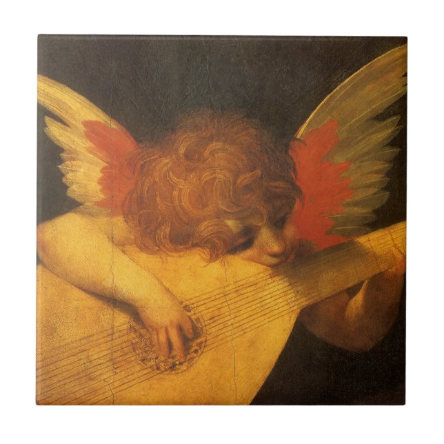 Musician Angel Playing Lute by Rosso Fiorentino Ceramic Tile (Front)