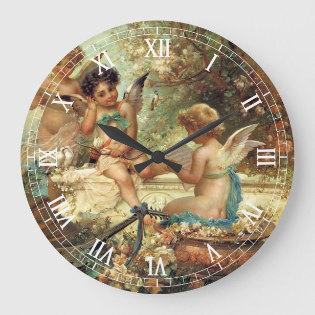 Musician Angels by Hans Zatzka, Victorian Fine Art Large Clock (Front)