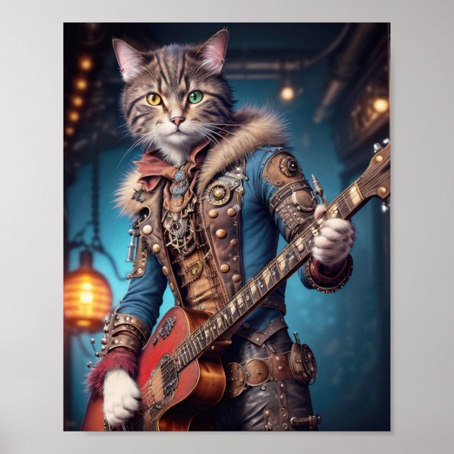 Musician cat in blu steampunk dress playing guitar poster (Front)