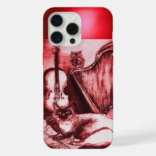 MUSICIAN CAT ,OWL,MUSICAL INSTRUMENTS IN RED RUBY iPhone 15 PRO MAX CASE