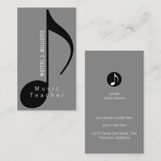 Musician Grey Business Card with musical note (Front/Back)