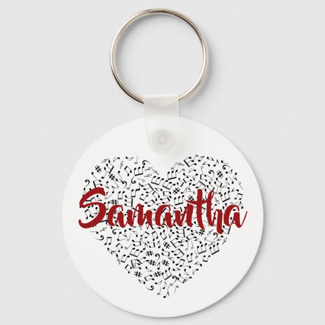 Musician Heart of Musical Notes, Red Script Name Key Ring (Front)