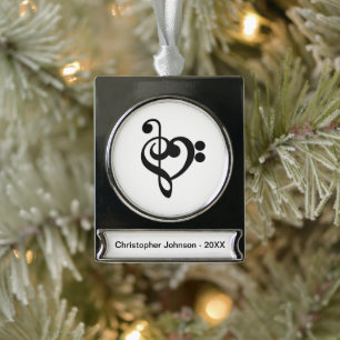 Musician Music Heart - Treble Bass Clef Silver Plated Banner Ornament