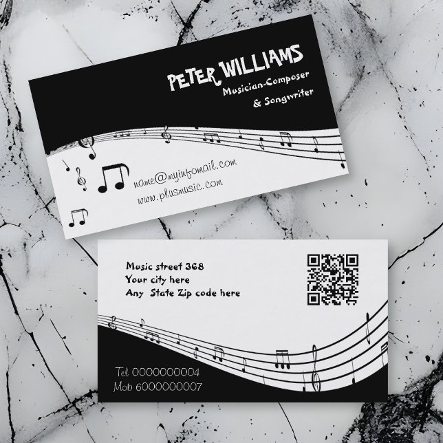 Musician music staff and QR code black Business Card (Creator Uploaded)