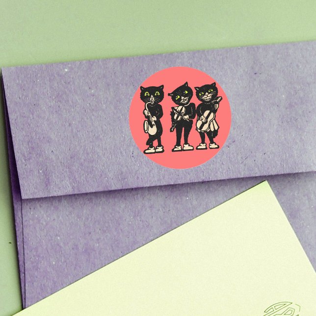 Musician Vintage Black Cats Classic Round Sticker (Three black cat musicians playing music on bright salmon colour round stickers.)