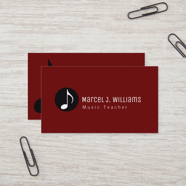 Musicians Dark Red Business Card With Musical Note (Front/Back In Situ)
