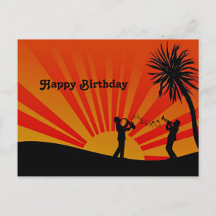 Musicians Orange Sunset Silhouette Birthday Postcard