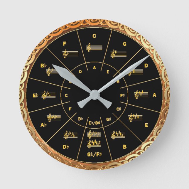Music's Circle of Fifths in Gold and Black Round Clock (Front)