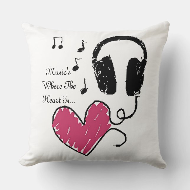 Music's Where The Heart Is Headphones Throw Pillow (Front)