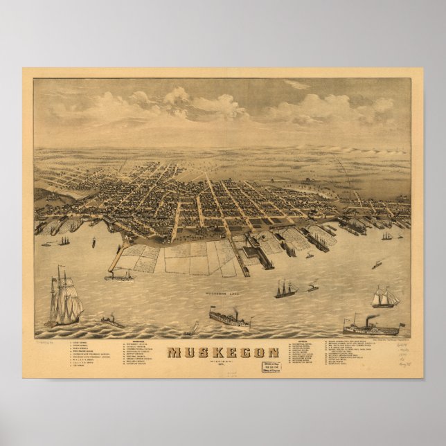 Muskegon Michigan 1874 Antique Panoramic Map Poster (Front)