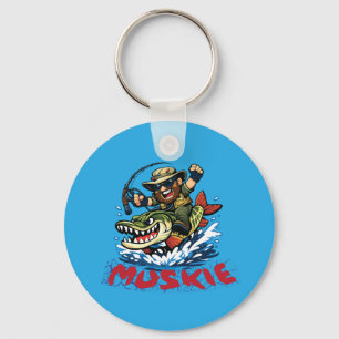 Muskie Angler Riding Muskie – Fishing Illustration Key Ring