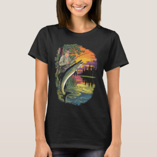 Muskie Fish Retro Sunset Design T-Shirt