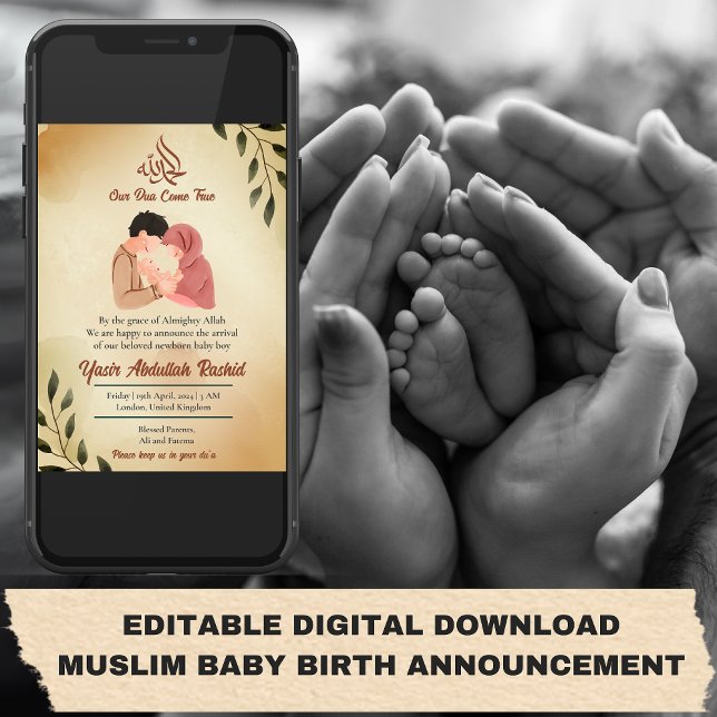 Muslim Baby Boy Birth Announcement New Parent (editable digital download birth announcement Muslim Baby Boy Birth Announcement New Parent)