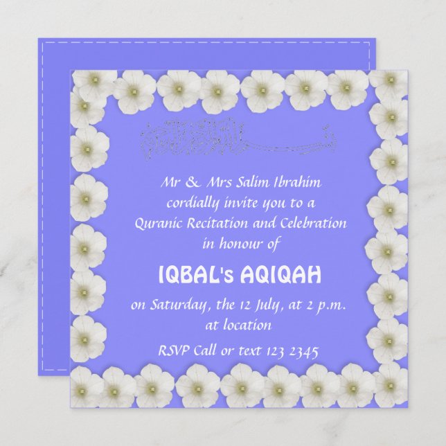 Muslim baby boy blue Aqiqah Invitation (Front/Back)