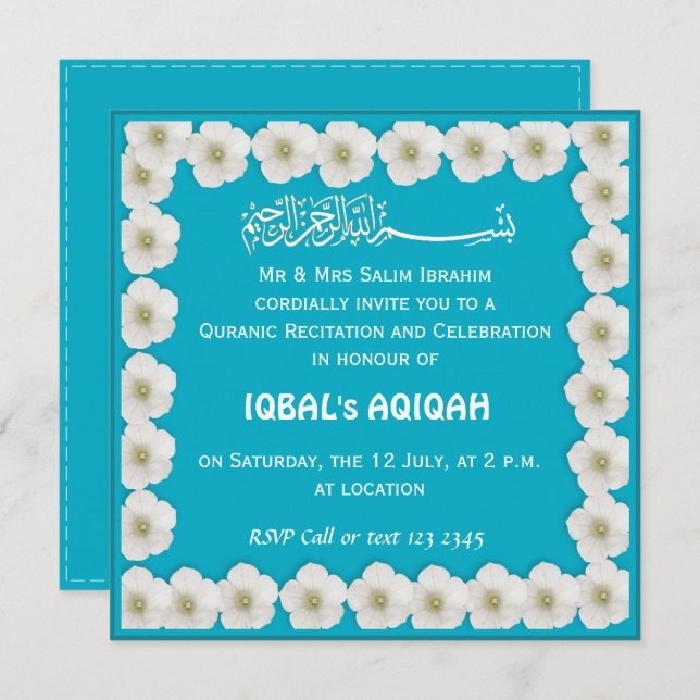 Muslim baby boy blue Aqiqah Invitation (Front/Back)
