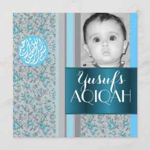 Muslim baby boy blue aqiqah photo invitation