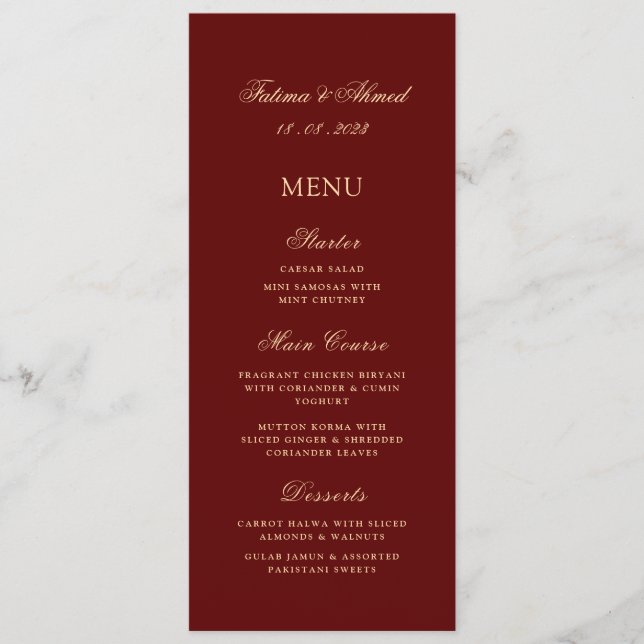 Muslim Burgundy Red Vintage Wedding  Menu (Front)