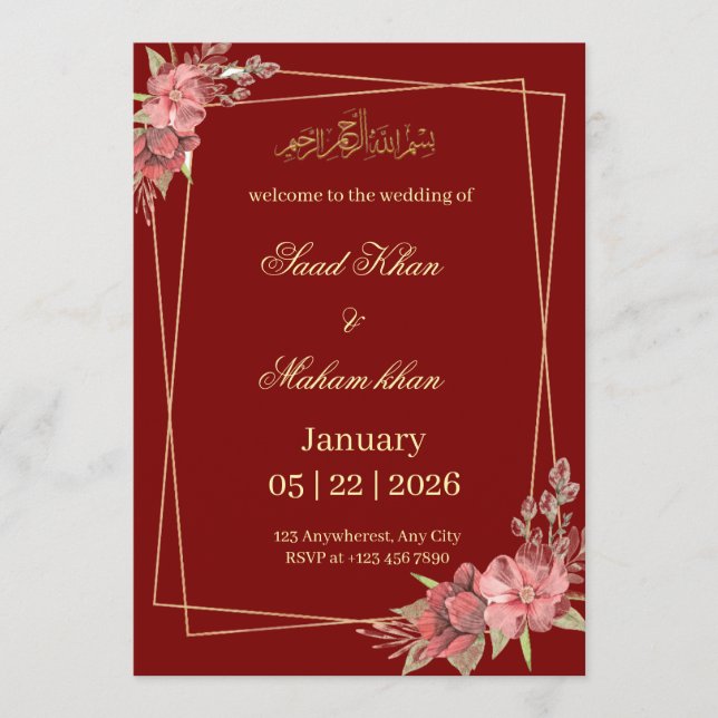 Muslim floral wedding invitation Nikkah invite (Front)