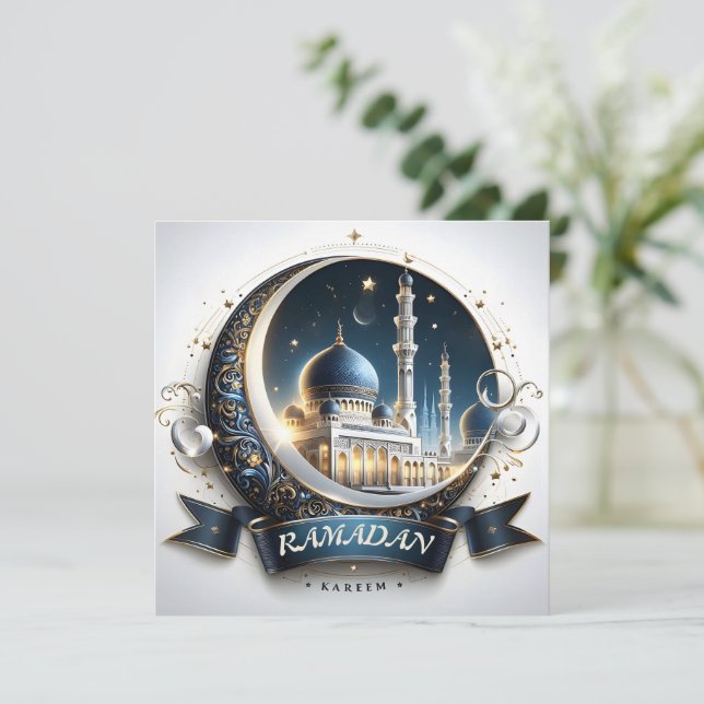 Muslim Golden Navy Blue Mosque Eid Mubarak Holiday Card (Standing Front)