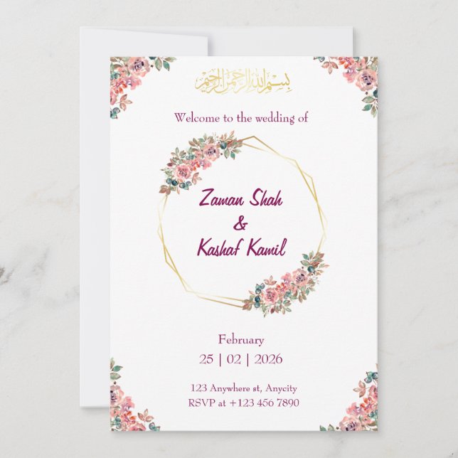 Muslim wedding invitation Floral Nikkah invitation (Front)