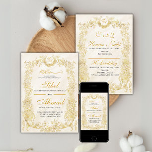 Muslimische Hochzeitseinladung mit goldenem Blumen Invitation