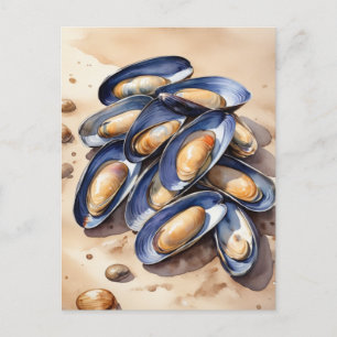 Mussels on a beach watercolor postcard