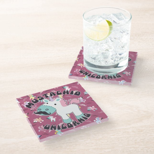 Mustachio Unicornio! Glass Coaster (Angled)