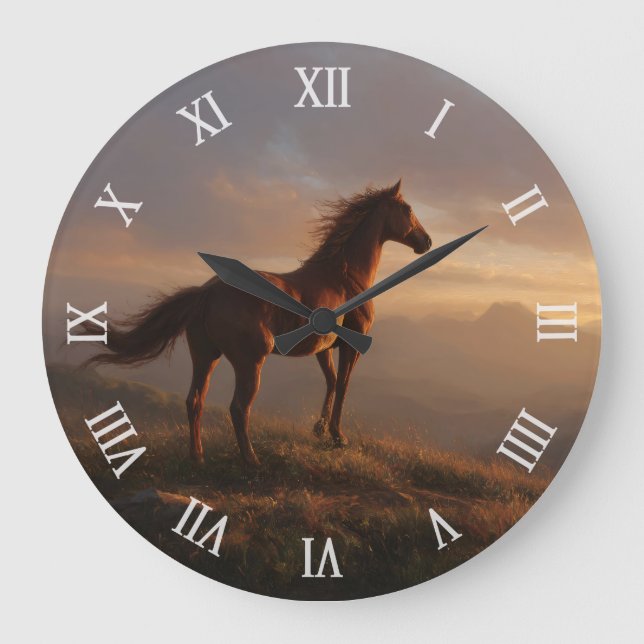 Mustang Horse Watching the Sunset Large Clock (Front)