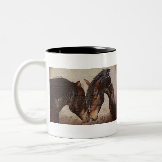 Mustang Horse Wooden Grunge Look Two-Tone Coffee Mug (Left)