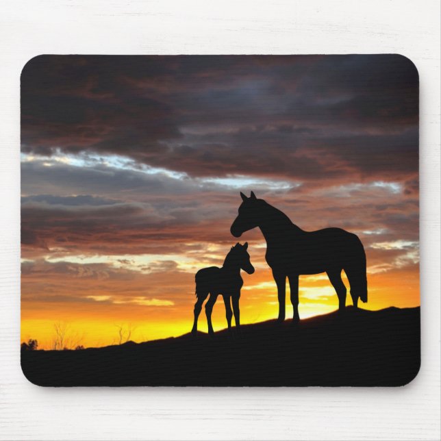 Mustang Mare and Foal Silhouette With Sunset Mouse Pad (Front)