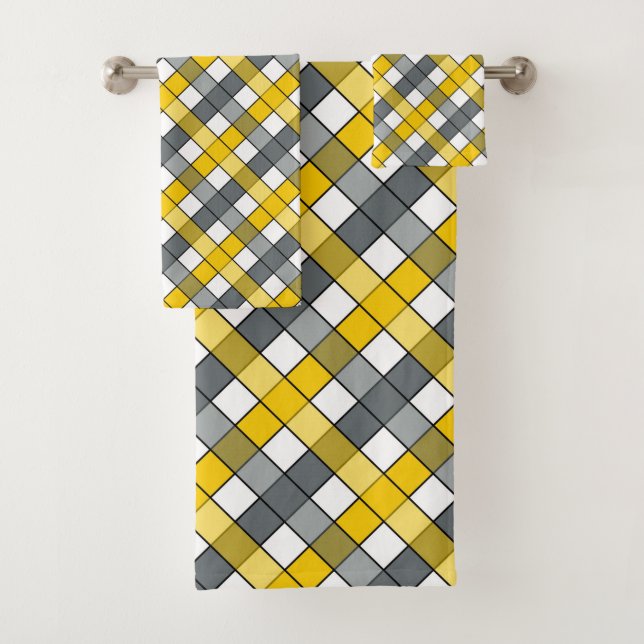 MUSTARD AND CHARCOAL PLAID BATH TOWEL SET (Insitu)