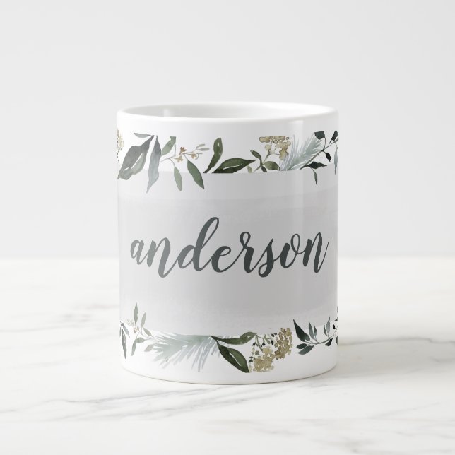 Mustard and olive watercolor foliage personalised large coffee mug (Front)