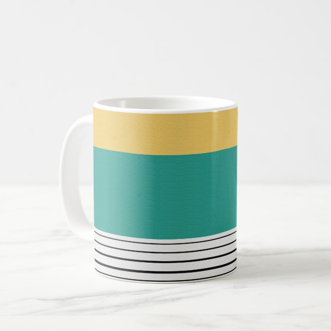 Mustard and teal pattern coffee mug (Front Left)