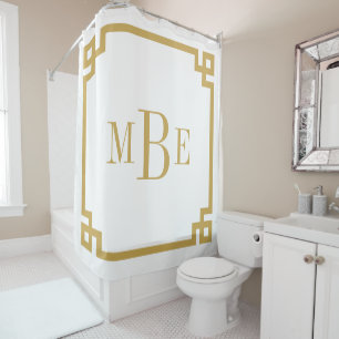 Mustard and White Greek Key   Monogrammed Shower Curtain