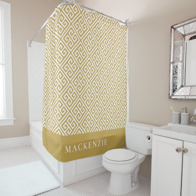 Mustard and White Greek Key Name Monogram Shower Curtain (In Situ)