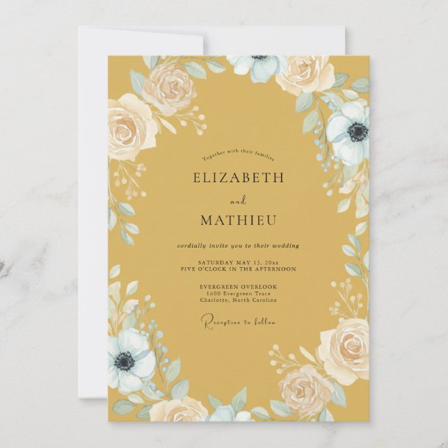 Mustard Anemone Wreath Wedding Invitation (Front)