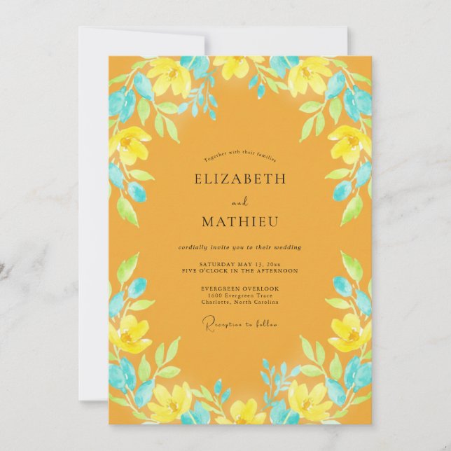Mustard Aqua Leafy Wedding Invitation (Front)