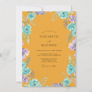 Mustard Aqua Ranunculus Grey Eucalyptus Wedding Invitation