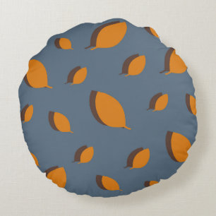 Mustard autumn leaves pattern on a blue background round cushion