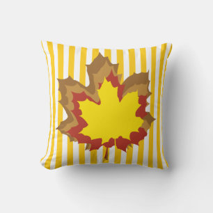 Mustard Autumnal Stripes with Leaves Cushion