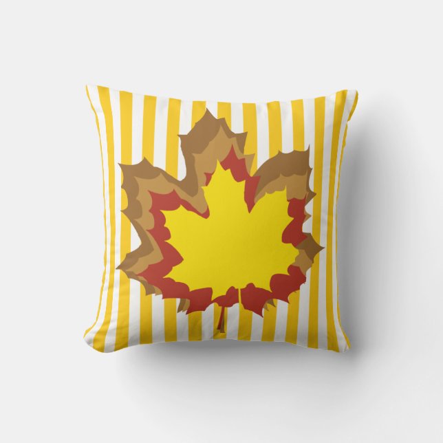 Mustard Autumnal Stripes with Leaves Cushion (Front)