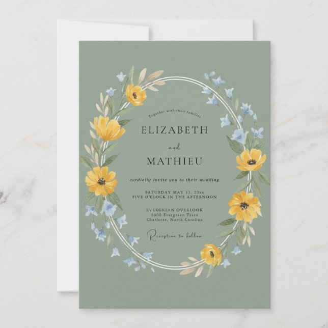 Mustard Azure Wreath Wedding Invitation (Front)