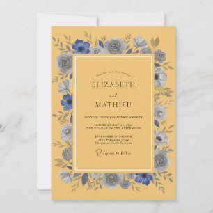 Mustard Blue Anemone Rustic Wedding Invitation