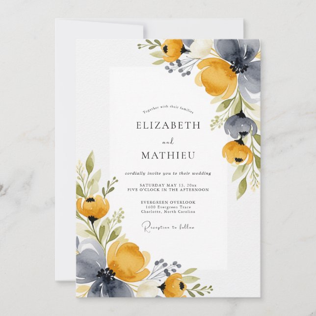 Mustard Blue Floral Rustic Wedding Invitation (Front)