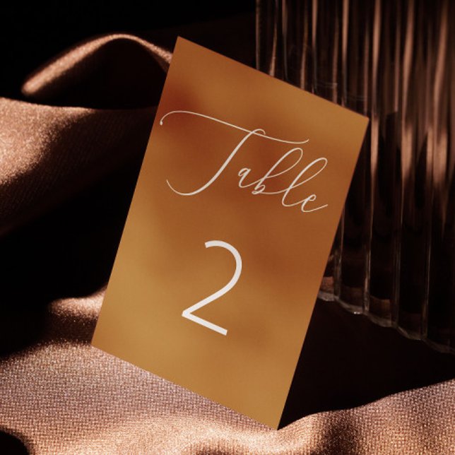 Mustard Brown Minimalist Script Fall Wedding Table Number (Creator Uploaded)