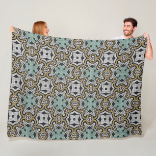 Mustard Brown Teal Green Grey Black Tribe Art Fleece Blanket