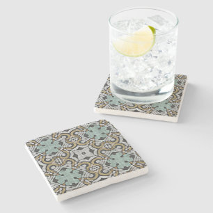 Mustard Brown Teal Green Grey Black Tribe Art Stone Coaster