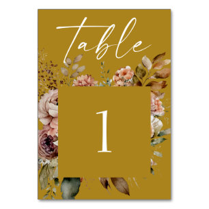 Mustard brown watercolor bloom boho floral wedding table number